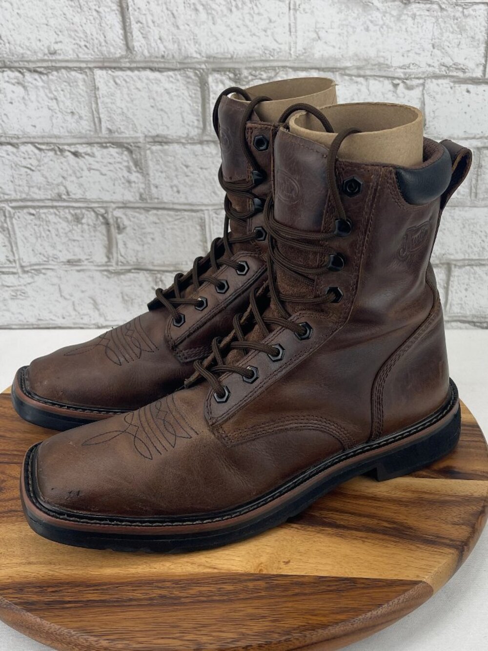 Justin Pulley 8" Mens 9.5 D Brown Leather Square Soft Toe EH Work Boots SE681